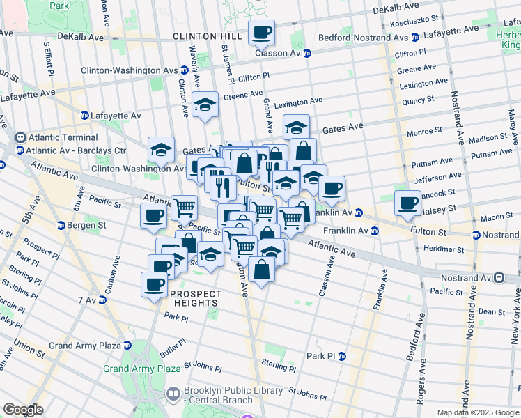 map of restaurants, bars, coffee shops, grocery stores, and more near 20 Lefferts Place in Brooklyn