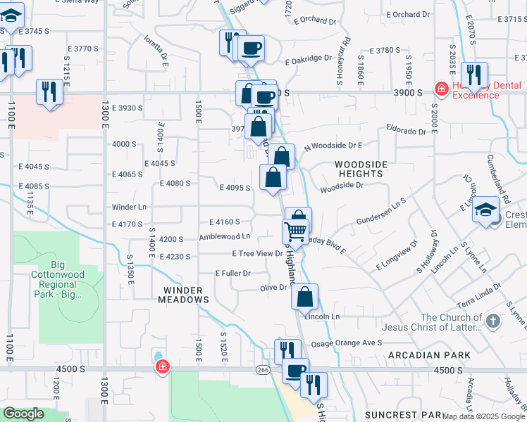 map of restaurants, bars, coffee shops, grocery stores, and more near 1635 East 4150 South in Millcreek