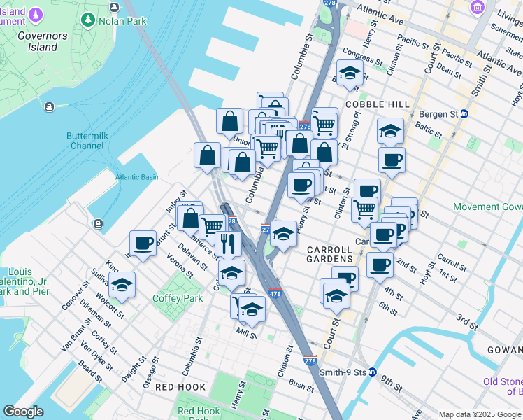 map of restaurants, bars, coffee shops, grocery stores, and more near 43 Woodhull Street in Brooklyn