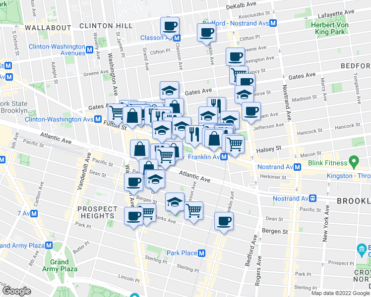 map of restaurants, bars, coffee shops, grocery stores, and more near 1030 Fulton Street in Brooklyn