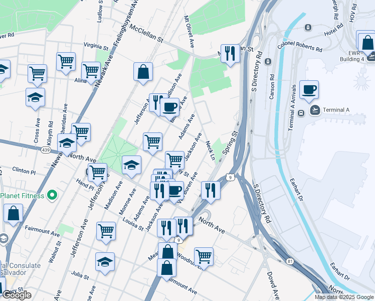 map of restaurants, bars, coffee shops, grocery stores, and more near 938 Jackson Avenue in Elizabeth