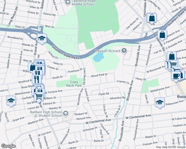 map of restaurants, bars, coffee shops, grocery stores, and more near 972 Wood Park Drive in Baldwin