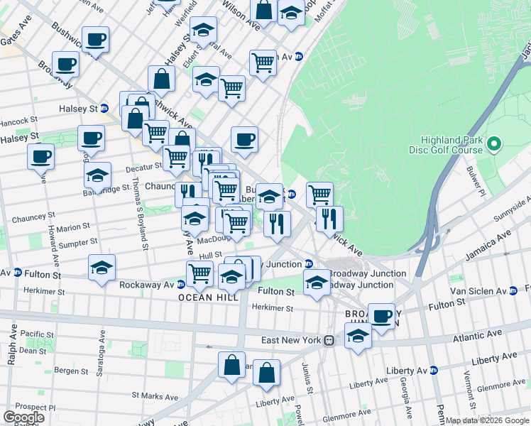 map of restaurants, bars, coffee shops, grocery stores, and more near 21 Aberdeen Street in Brooklyn