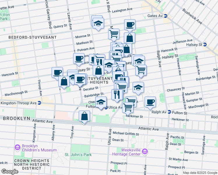 map of restaurants, bars, coffee shops, grocery stores, and more near 324A Decatur Street in Brooklyn