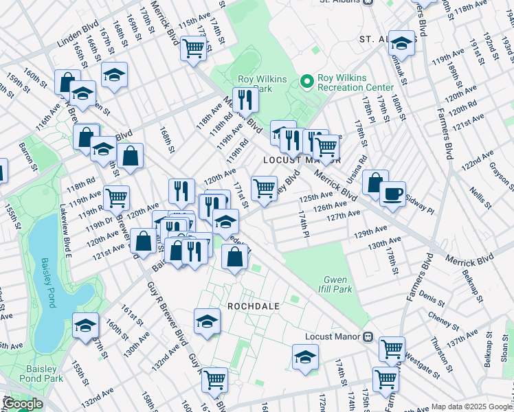 map of restaurants, bars, coffee shops, grocery stores, and more near 171-03 Baisley Boulevard in Queens