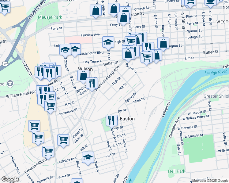 map of restaurants, bars, coffee shops, grocery stores, and more near 301 9th Street in Easton