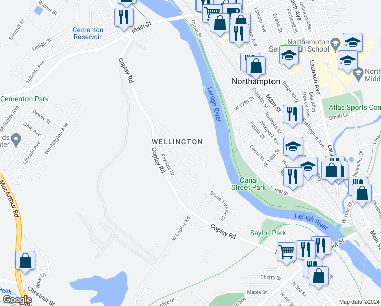 map of restaurants, bars, coffee shops, grocery stores, and more near 5581 Teeka Court in Lehigh County