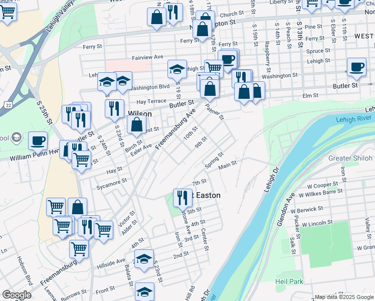 map of restaurants, bars, coffee shops, grocery stores, and more near 301 9th Street in Easton
