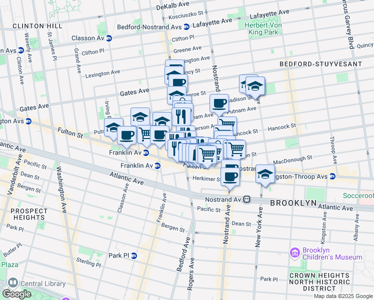 map of restaurants, bars, coffee shops, grocery stores, and more near 1225 Fulton Street in Brooklyn