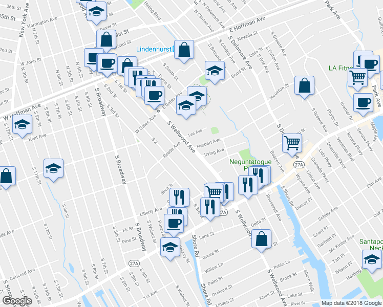 map of restaurants, bars, coffee shops, grocery stores, and more near 427 South Wellwood Avenue in Lindenhurst