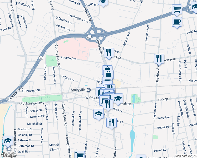 map of restaurants, bars, coffee shops, grocery stores, and more near 45 Sterling Place in Amityville