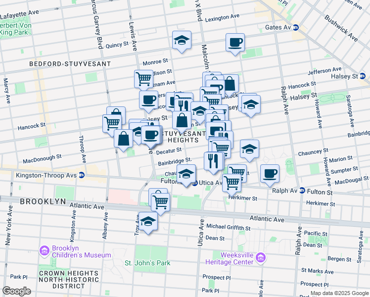 map of restaurants, bars, coffee shops, grocery stores, and more near Decatur Street & Stuyvesant Avenue in Brooklyn