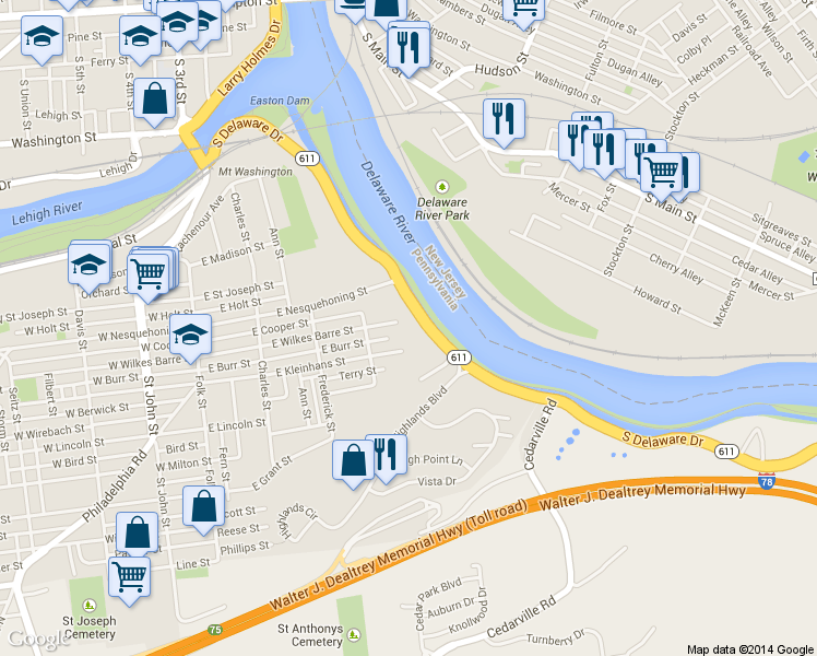 map of restaurants, bars, coffee shops, grocery stores, and more near 451 East Wilkes Barre Street in Easton