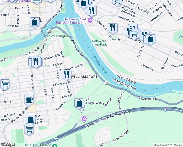 map of restaurants, bars, coffee shops, grocery stores, and more near 451 East Wilkes Barre Street in Easton