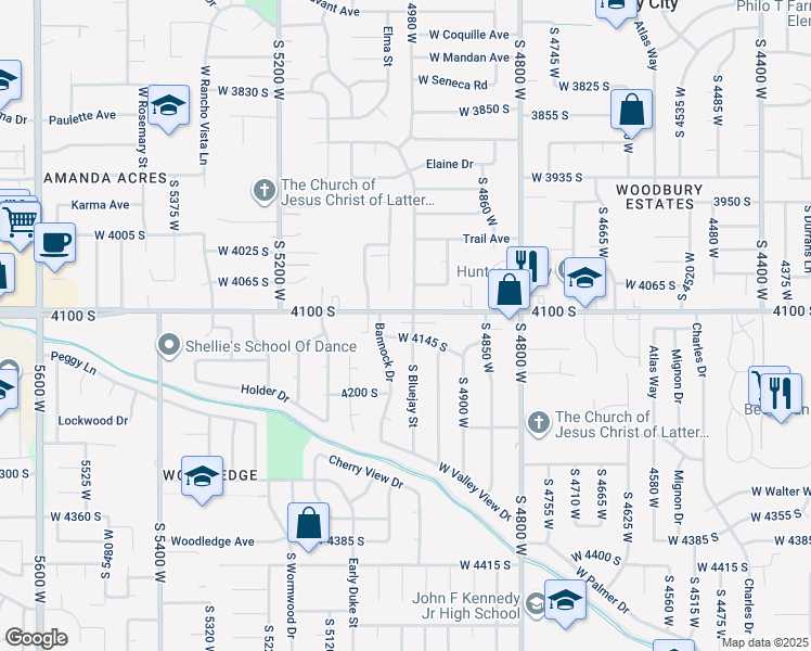 map of restaurants, bars, coffee shops, grocery stores, and more near 4114 Bluejay Street in West Valley City