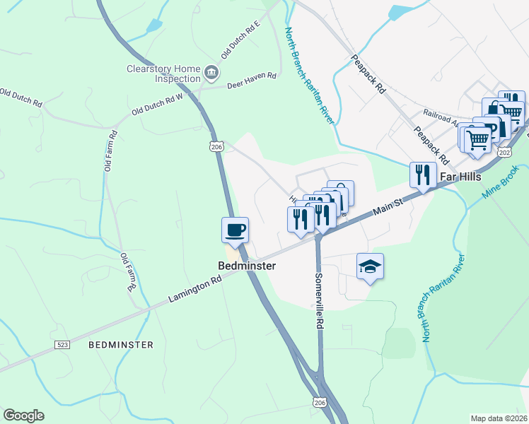 map of restaurants, bars, coffee shops, grocery stores, and more near 13 Steeple Chase Court in Bedminster