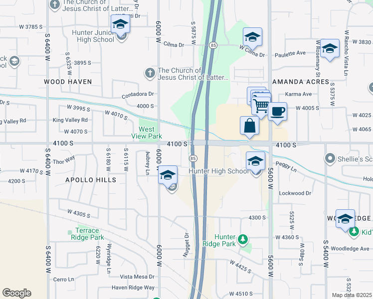 map of restaurants, bars, coffee shops, grocery stores, and more near 4113 Rushford Court in West Valley City