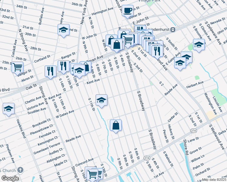 map of restaurants, bars, coffee shops, grocery stores, and more near 270 South 8th Street in Lindenhurst