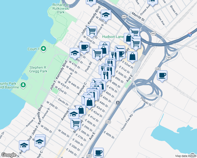 map of restaurants, bars, coffee shops, grocery stores, and more near 21 West 47th Street in Bayonne