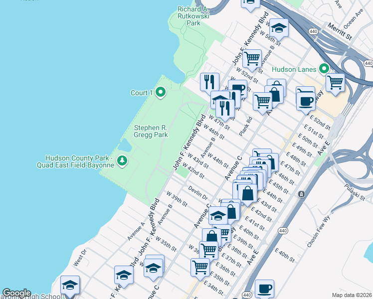 map of restaurants, bars, coffee shops, grocery stores, and more near 1030 John F. Kennedy Boulevard in Bayonne