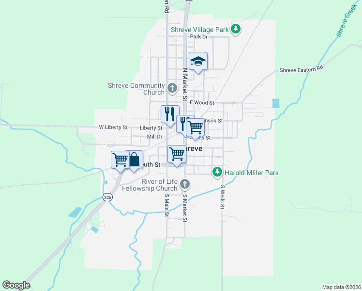 map of restaurants, bars, coffee shops, grocery stores, and more near 106 West McConkey Street in Shreve