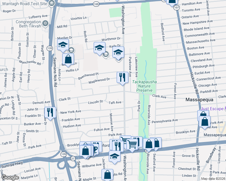 map of restaurants, bars, coffee shops, grocery stores, and more near 3965 Clark Street in Seaford