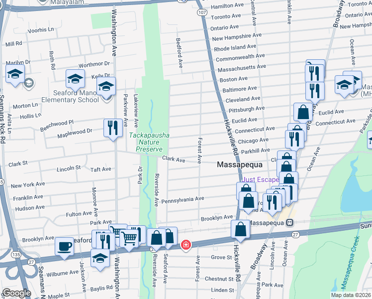 map of restaurants, bars, coffee shops, grocery stores, and more near 16 Chicago Avenue in Massapequa