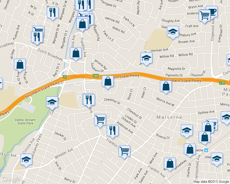 map of restaurants, bars, coffee shops, grocery stores, and more near 52 Parkwold Drive East in Valley Stream