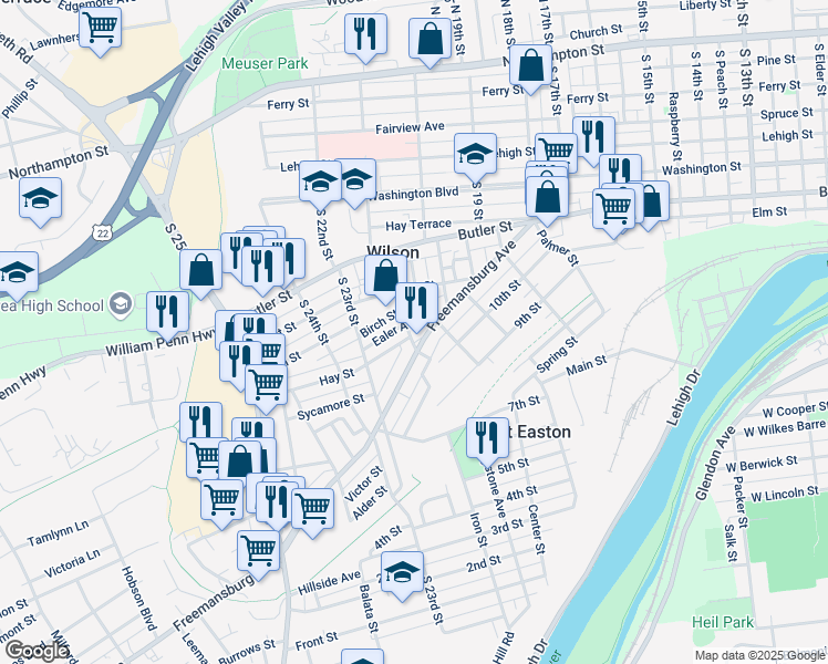 map of restaurants, bars, coffee shops, grocery stores, and more near 2105 Hay Street in Easton