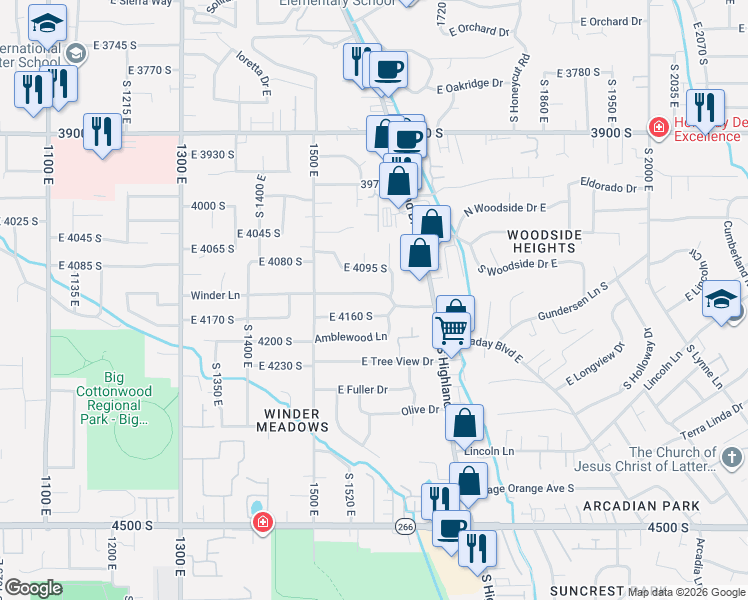 map of restaurants, bars, coffee shops, grocery stores, and more near 1586 Winder Lane in Millcreek