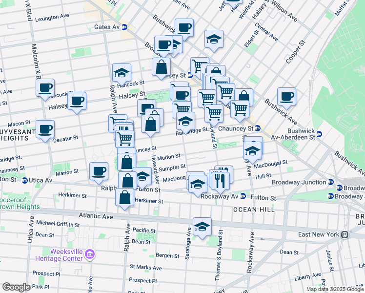 map of restaurants, bars, coffee shops, grocery stores, and more near 386 Chauncey Street in Brooklyn