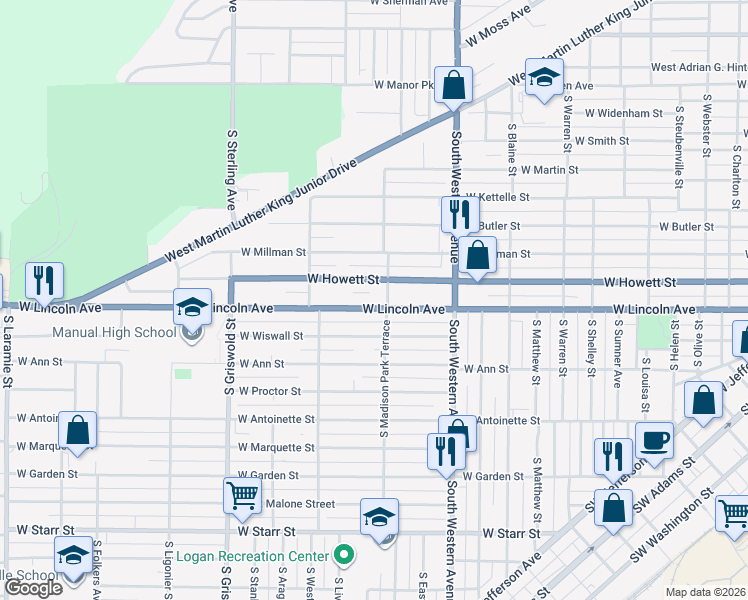 map of restaurants, bars, coffee shops, grocery stores, and more near 2111 West Lincoln Avenue in Peoria