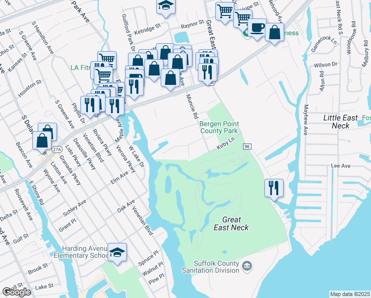 map of restaurants, bars, coffee shops, grocery stores, and more near 176 Milligan Road in West Babylon