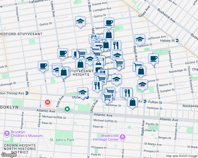 map of restaurants, bars, coffee shops, grocery stores, and more near 332 Malcolm X Boulevard in Brooklyn