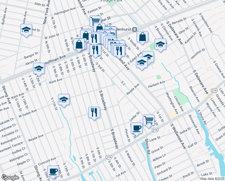 map of restaurants, bars, coffee shops, grocery stores, and more near 315 Pecan Street in Lindenhurst