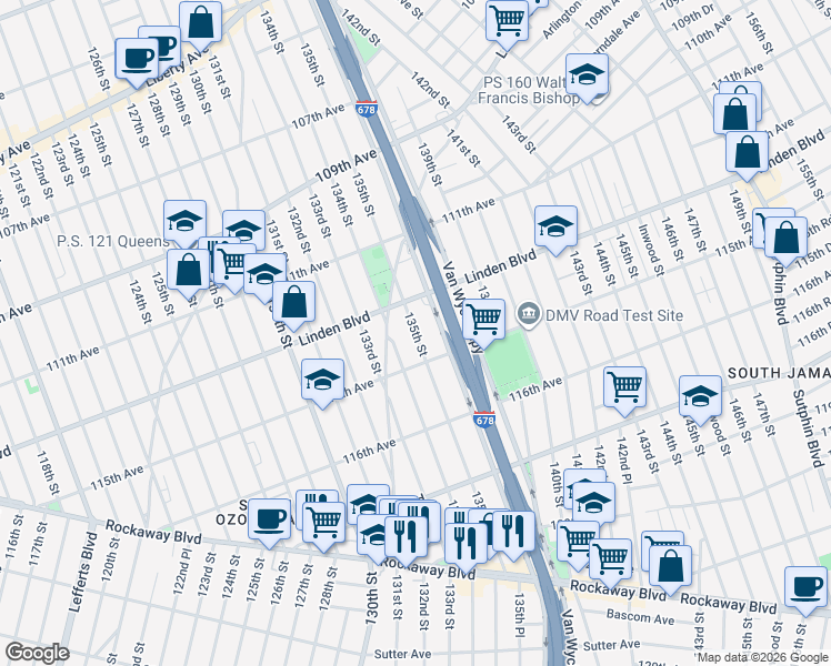 map of restaurants, bars, coffee shops, grocery stores, and more near 114-40 Van Wyck Expressway in Queens