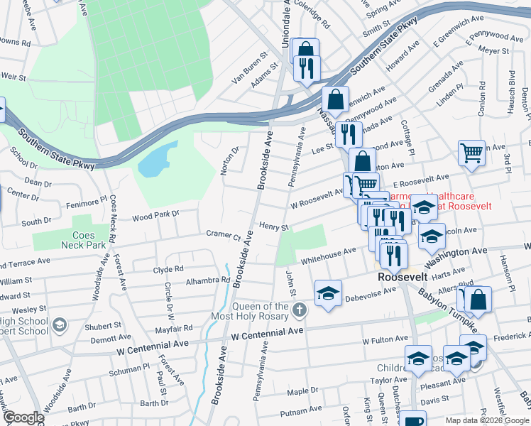 map of restaurants, bars, coffee shops, grocery stores, and more near 123 West Roosevelt Avenue in Roosevelt