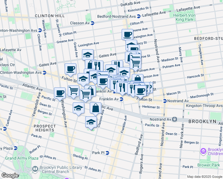 map of restaurants, bars, coffee shops, grocery stores, and more near 1066 Fulton Street in Brooklyn