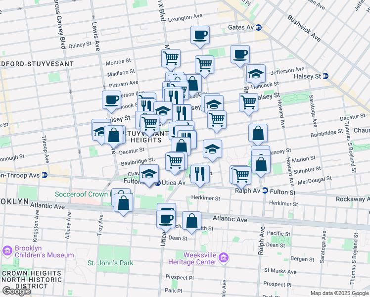 map of restaurants, bars, coffee shops, grocery stores, and more near 305 Malcolm X Boulevard in Brooklyn