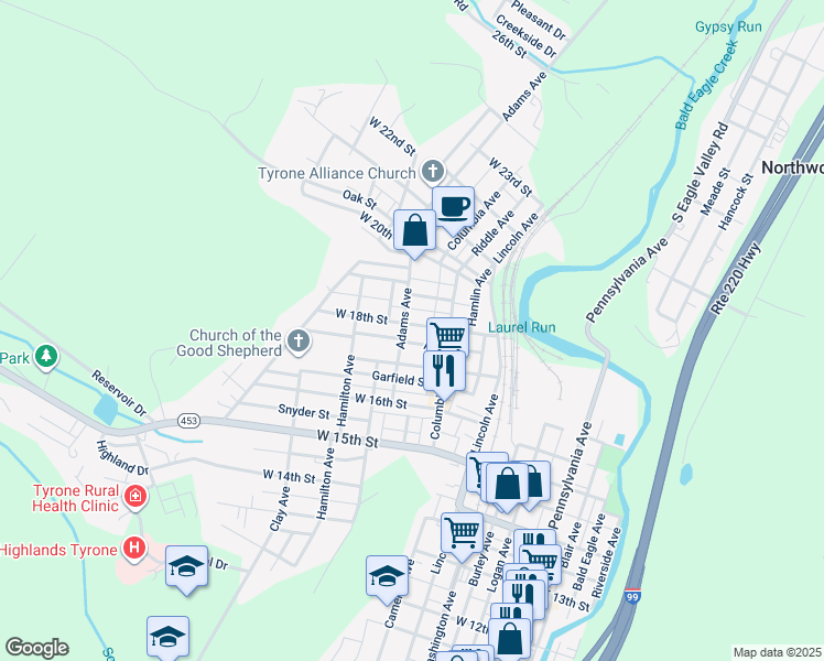 map of restaurants, bars, coffee shops, grocery stores, and more near 423 West 18th Street in Tyrone