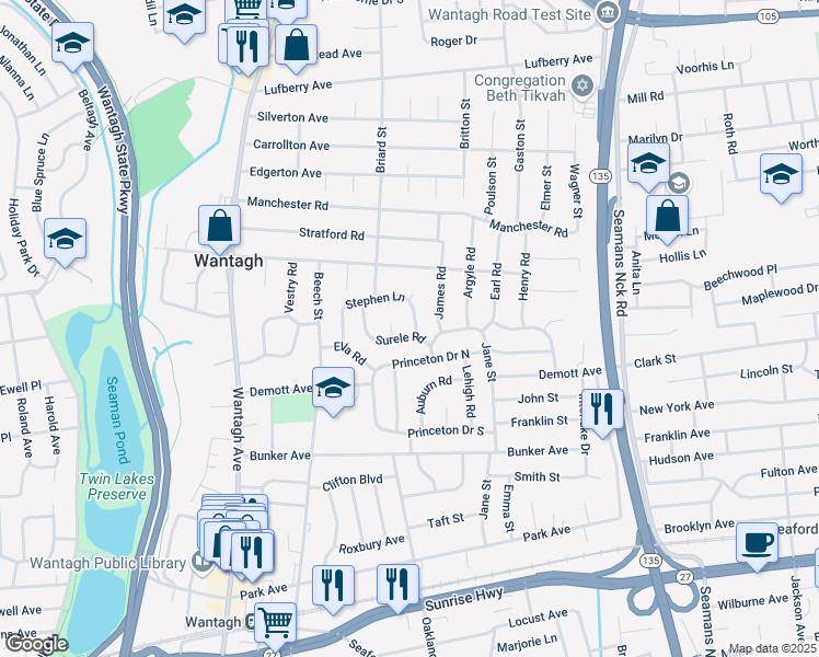 map of restaurants, bars, coffee shops, grocery stores, and more near 3560 Stephen Lane in Wantagh