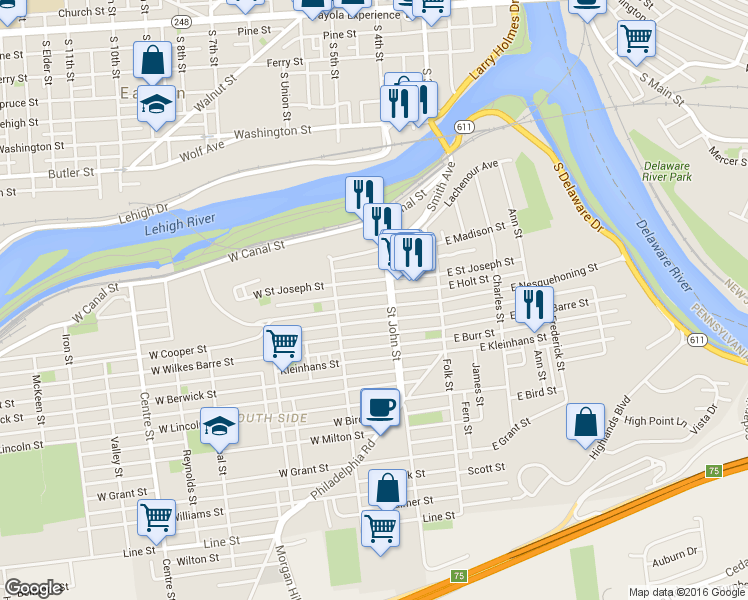 map of restaurants, bars, coffee shops, grocery stores, and more near 229 West Nesquehoning Street in Easton