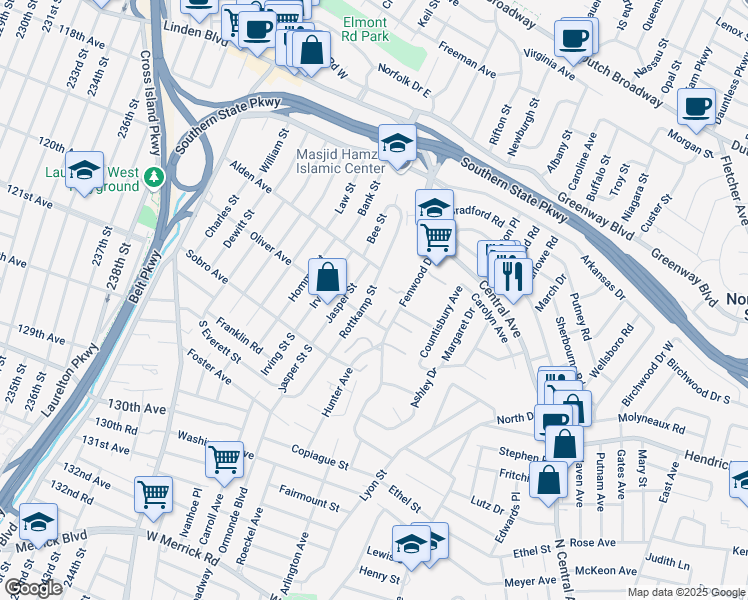 map of restaurants, bars, coffee shops, grocery stores, and more near 1003 Rottkamp Street in Valley Stream