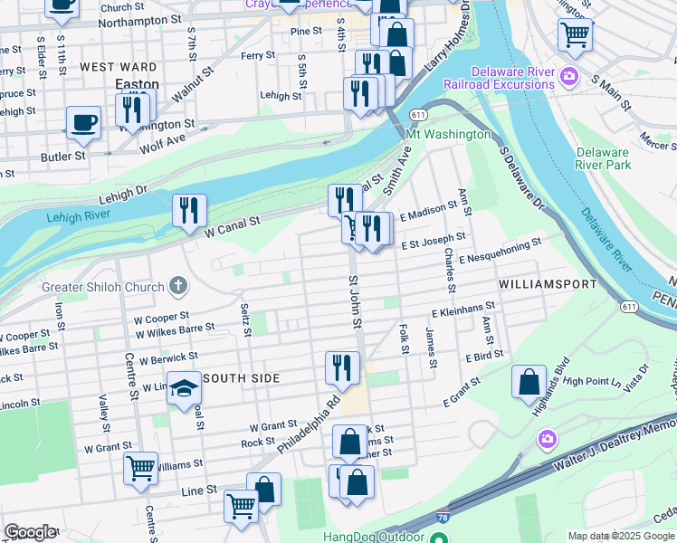 map of restaurants, bars, coffee shops, grocery stores, and more near 229 West Nesquehoning Street in Easton