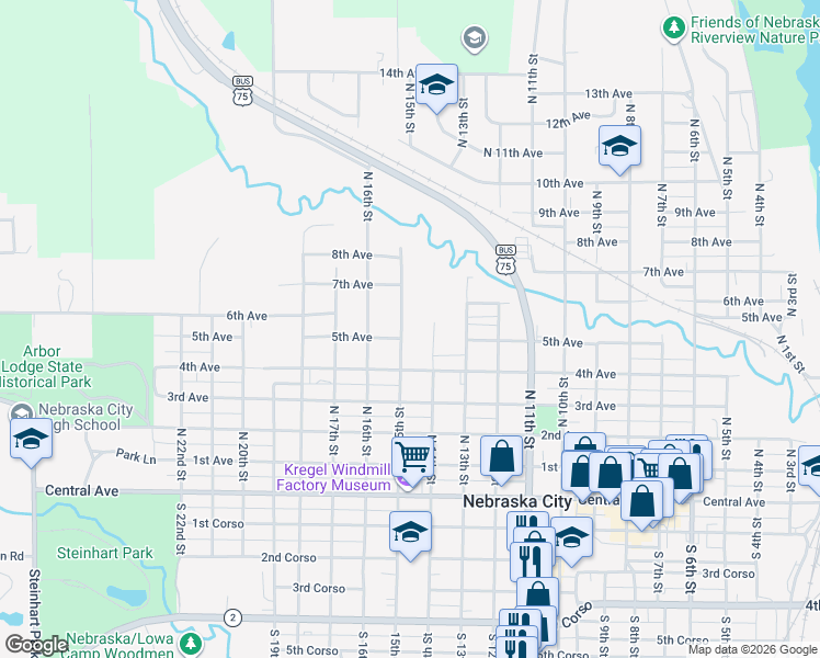 map of restaurants, bars, coffee shops, grocery stores, and more near 604 North 15th Street in Nebraska City