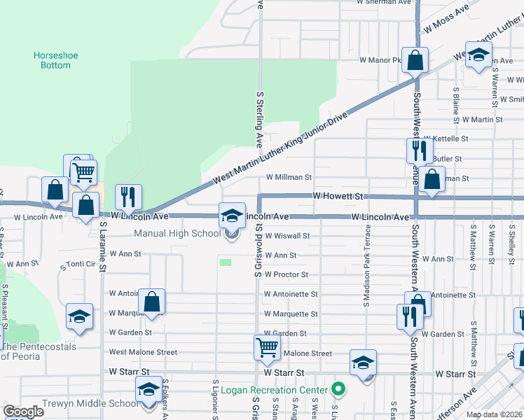 map of restaurants, bars, coffee shops, grocery stores, and more near 2425 W Lincoln Ave in Peoria
