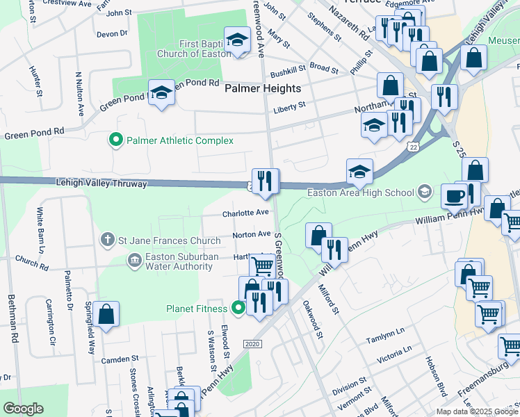 map of restaurants, bars, coffee shops, grocery stores, and more near 2831 Charlotte Avenue in Easton