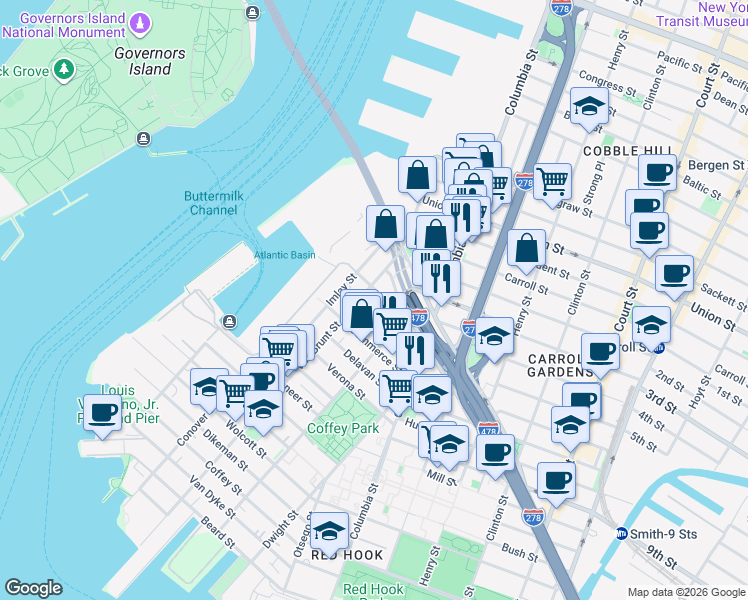 map of restaurants, bars, coffee shops, grocery stores, and more near 64 Seabring Street in Brooklyn
