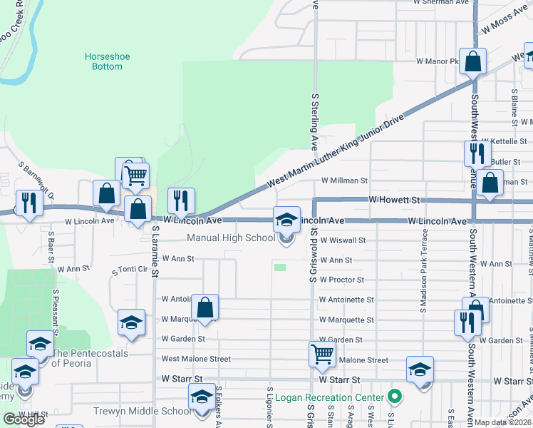 map of restaurants, bars, coffee shops, grocery stores, and more near 2709 West Lincoln Avenue in Peoria