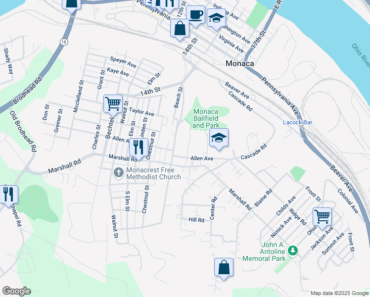 map of restaurants, bars, coffee shops, grocery stores, and more near 1214 Ella Street in Monaca